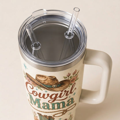Personalized Cowgirl Mama 40oz Tumbler with Handle - Custom Western Floral Mama Gift - Insulated Travel Mug