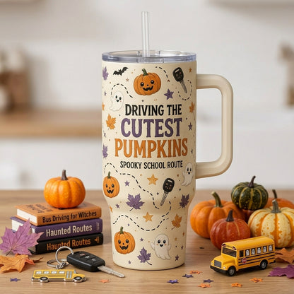 Personalized Haunted Route School Bus Driver 40oz Tumbler with Handle - Custom Name Spooky Halloween Gift