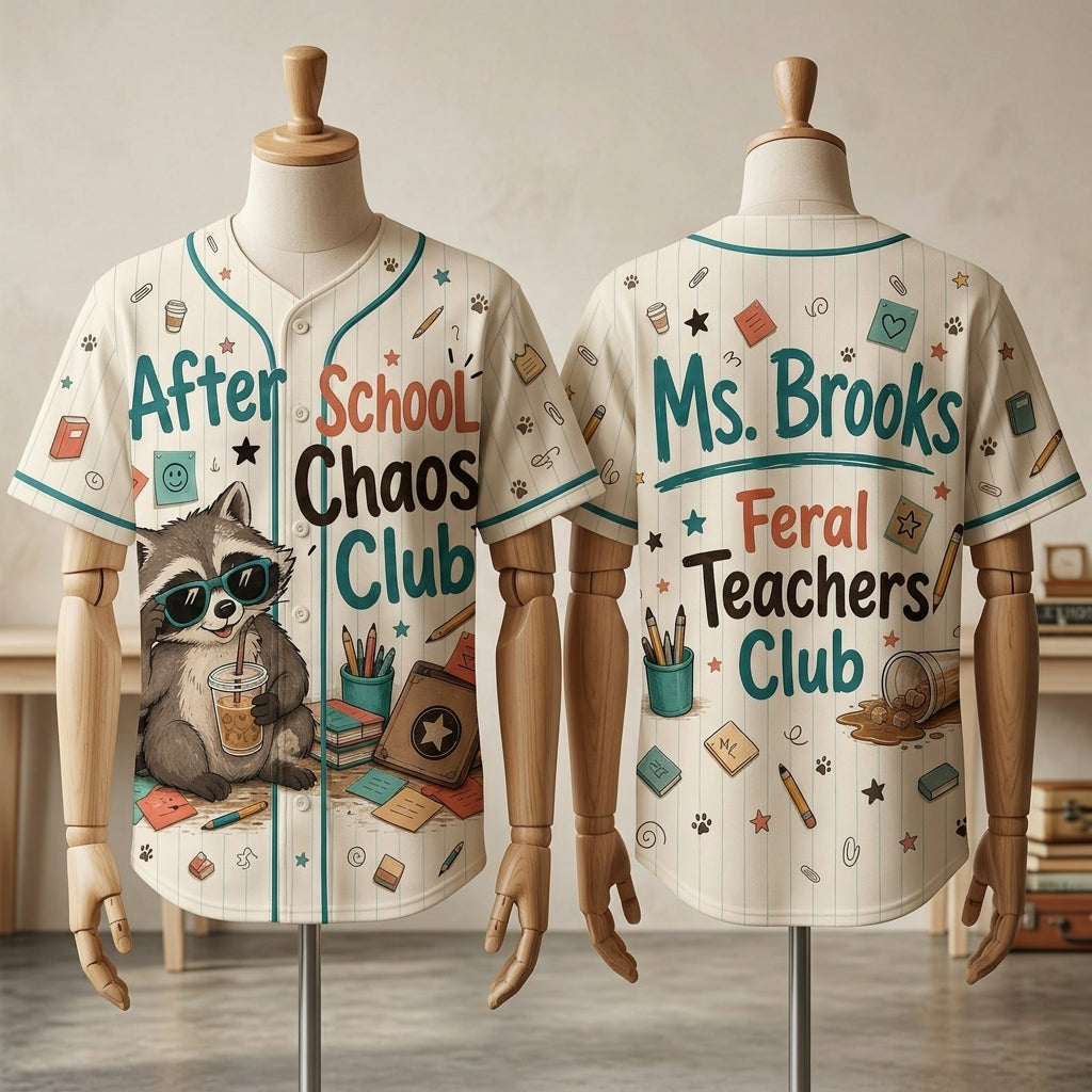 Personalized Feral Teachers Club Baseball Jersey - Custom Name After School Chaos Club Raccoon Teacher Gift