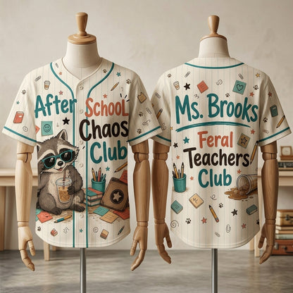 Personalized Feral Teachers Club Baseball Jersey - Custom Name After School Chaos Club Raccoon Teacher Gift