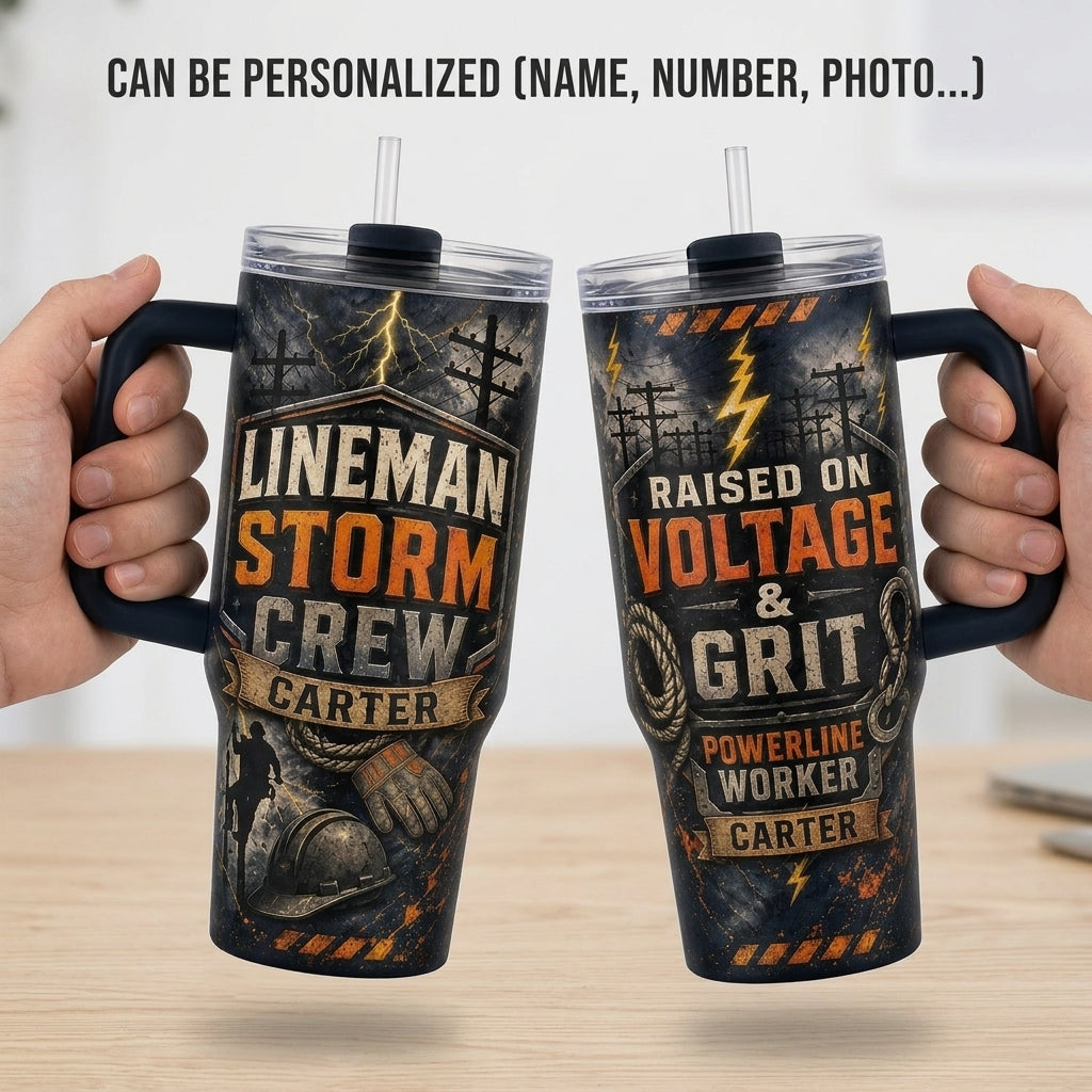 Personalized Lineman Storm Crew 40oz Tumbler with Handle, Custom Powerline Worker Gift