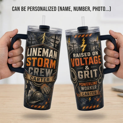 Personalized Lineman Storm Crew 40oz Tumbler with Handle, Custom Powerline Worker Gift