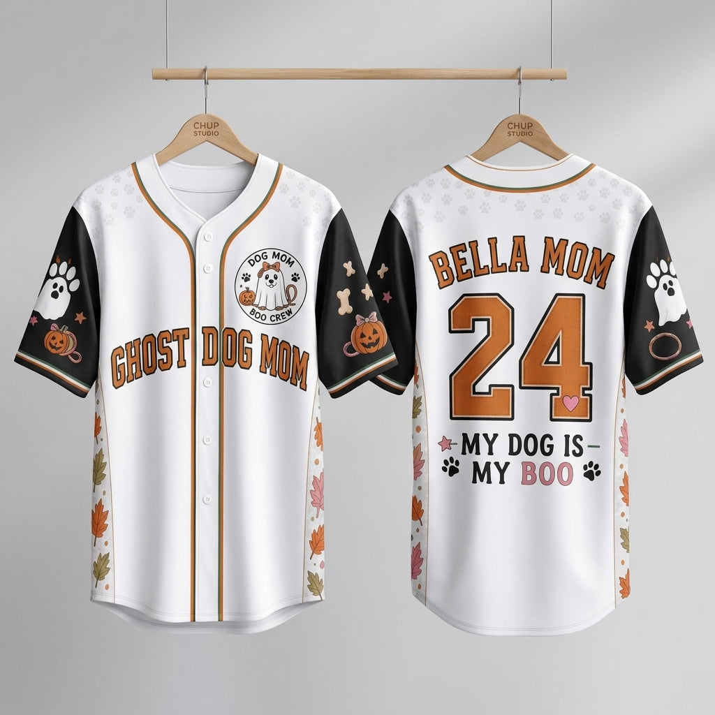 Personalized Ghost Dog Mom Halloween Baseball Jersey - Custom Name & Number My Dog Is My Boo Shirt