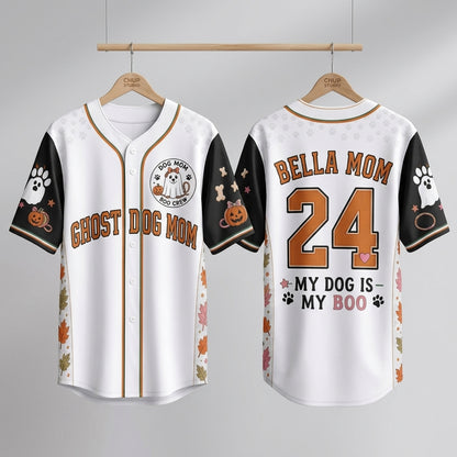 Personalized Ghost Dog Mom Halloween Baseball Jersey - Custom Name & Number My Dog Is My Boo Shirt