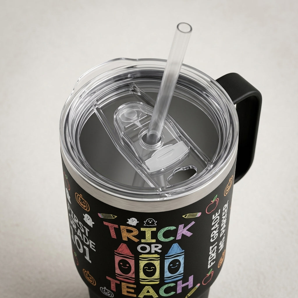 Personalized Trick Or Teach 40oz Tumbler with Handle, Custom Teacher Halloween Gift, First Grade School Chalkboard Design