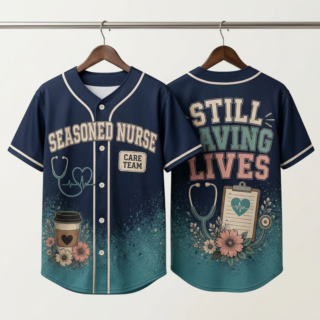 Personalized Seasoned Nurse Baseball Jersey - Still Saving Lives Custom Healthcare Professional Gift