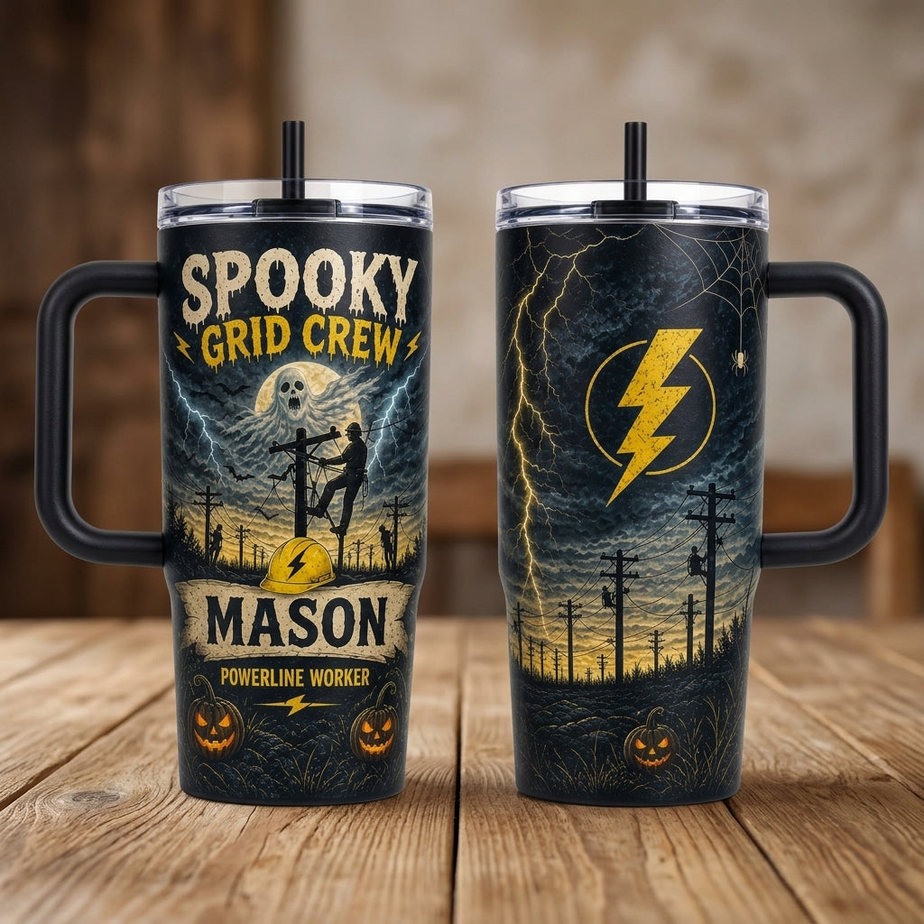 Personalized Spooky Grid Crew 40oz Tumbler with Handle, Custom Name Halloween Gift for Lineman Powerline Worker