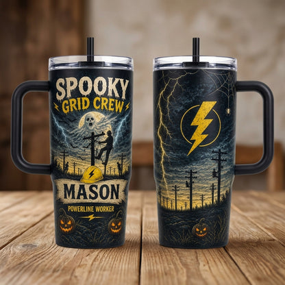 Personalized Spooky Grid Crew 40oz Tumbler with Handle, Custom Name Halloween Gift for Lineman Powerline Worker