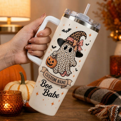 Personalized Boo Babe Halloween 40oz Tumbler with Handle - Custom Leopard Print Ghost Gift