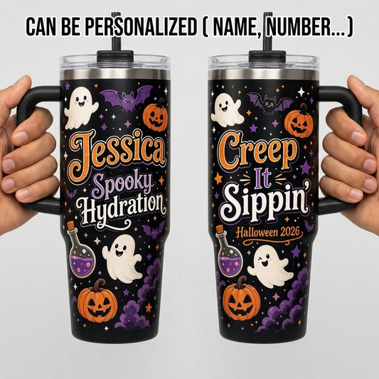 Personalized Halloween 40oz Tumbler with Handle - Custom Name Spooky Hydration Creep It Sippin Travel Mug