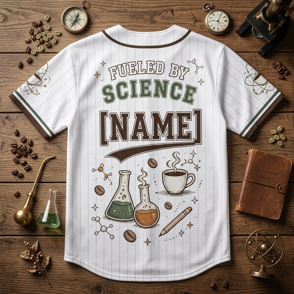Personalized Science and Coffee Baseball Jersey - Custom Name Fueled By Science Caffeine & Curiosity Dept.
