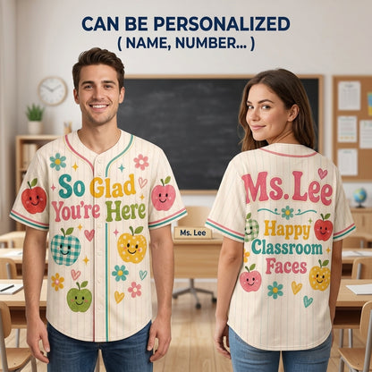 Personalized Teacher Baseball Jersey - Custom Name Happy Classroom Faces Apple Design Back to School Apparel