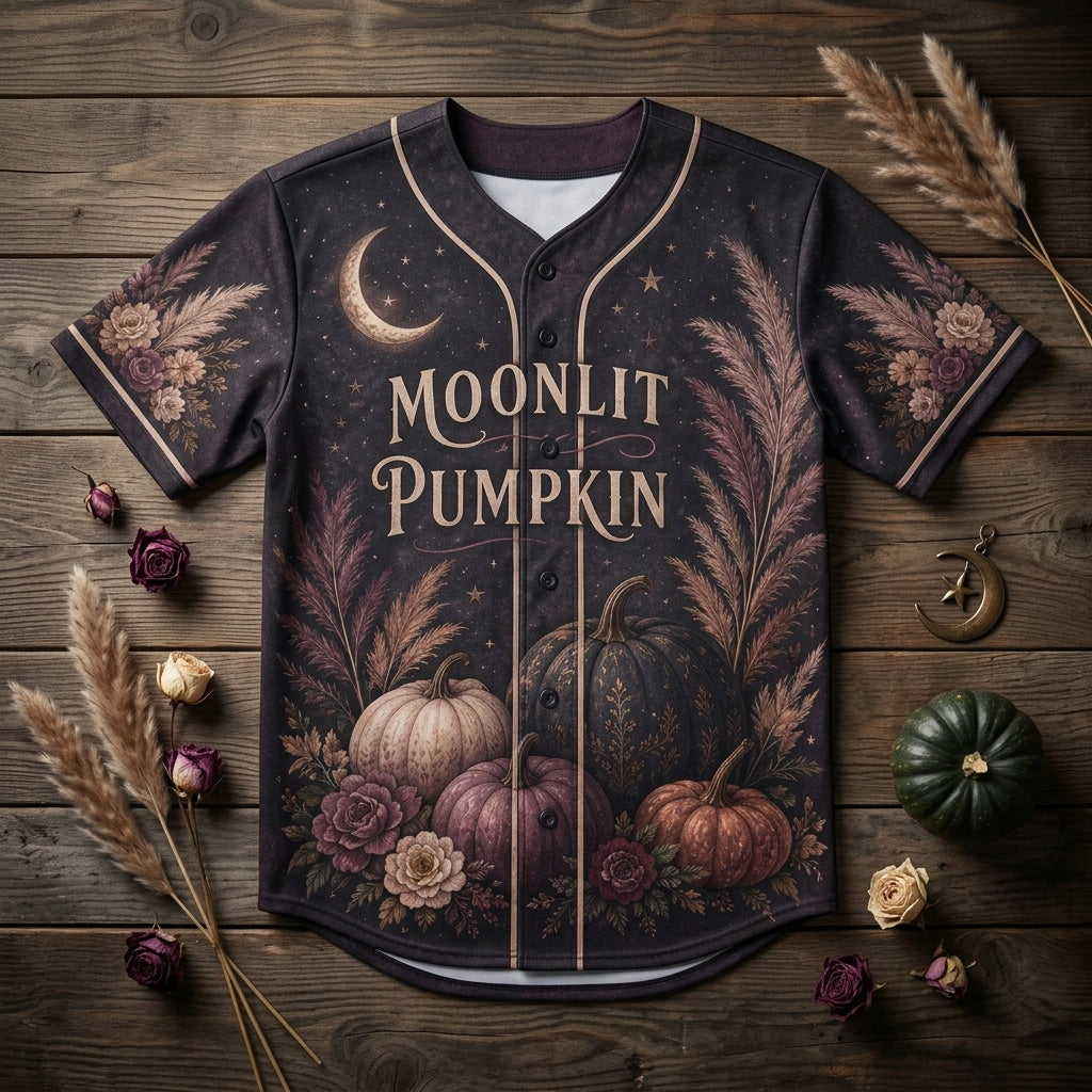 Personalized Moonlit Pumpkin Baseball Jersey - Custom Name Moody Floral Autumn Celestial Sporty Shirt