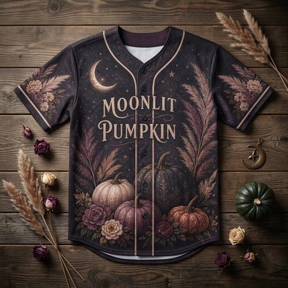 Personalized Moonlit Pumpkin Baseball Jersey - Custom Name Moody Floral Autumn Celestial Sporty Shirt