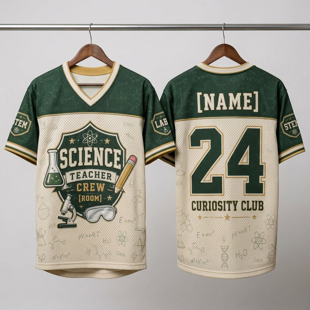 Personalized Science Teacher Crew Football Jersey - Custom Name and Room Number STEM Lab Gift