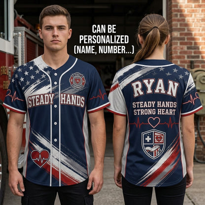Personalized First Responder Baseball Jersey - Custom Name Steady Hands Strong Heart Patriotic EMS Sportswear
