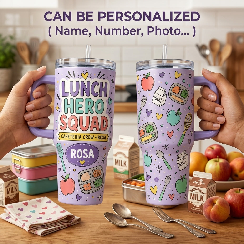 Personalized Lunch Hero Squad 40oz Tumbler with Handle, Custom Name Cafeteria Crew Gift for School Lunch Ladies