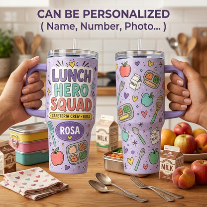 Personalized Lunch Hero Squad 40oz Tumbler with Handle, Custom Name Cafeteria Crew Gift for School Lunch Ladies