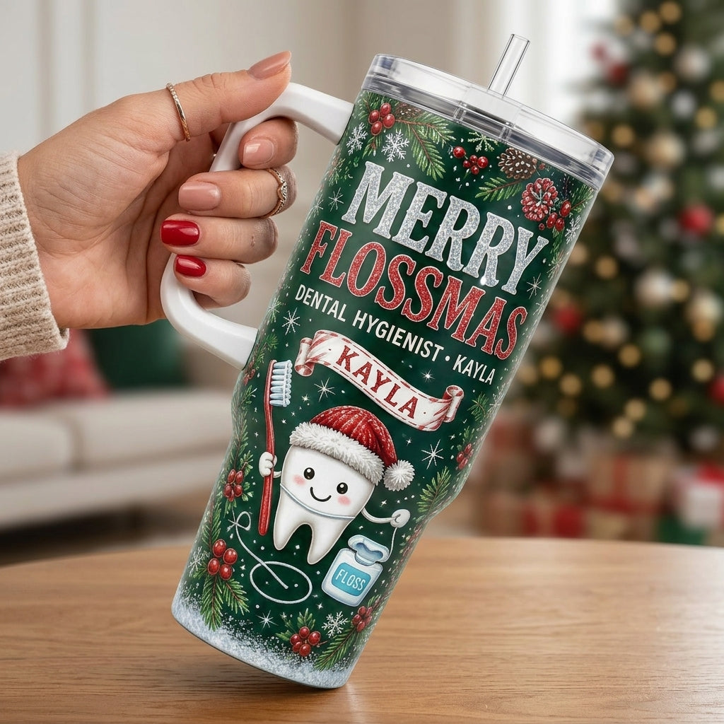 Personalized Merry Flossmas 40oz Tumbler with Handle, Custom Name Dental Hygienist Gift, Christmas Dentist Mug