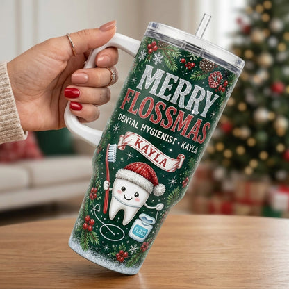 Personalized Merry Flossmas 40oz Tumbler with Handle, Custom Name Dental Hygienist Gift, Christmas Dentist Mug