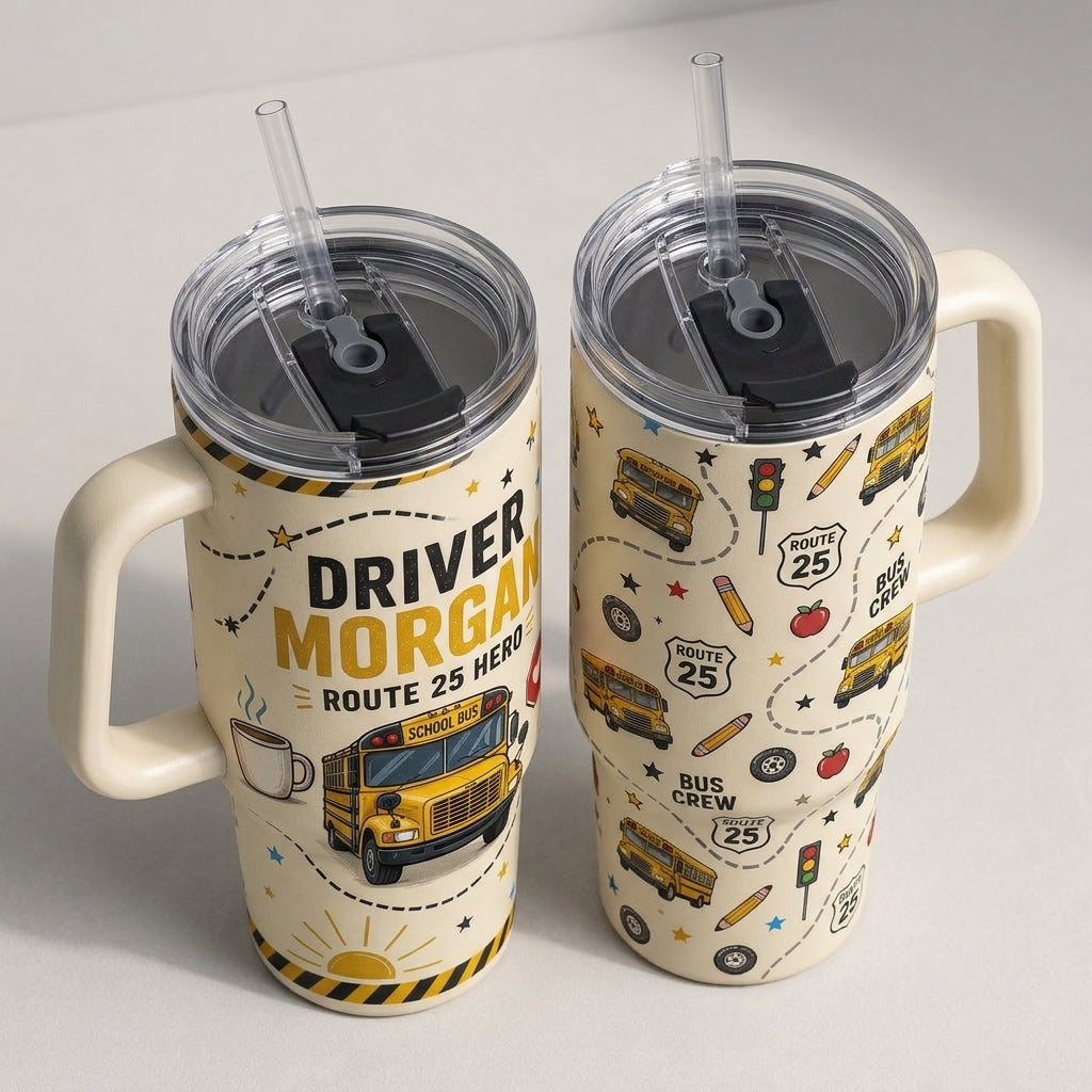 Personalized School Bus Driver 40oz Tumbler with Handle - Custom Name & Route Hero Gift