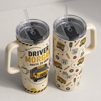 Personalized School Bus Driver 40oz Tumbler with Handle - Custom Name & Route Hero Gift
