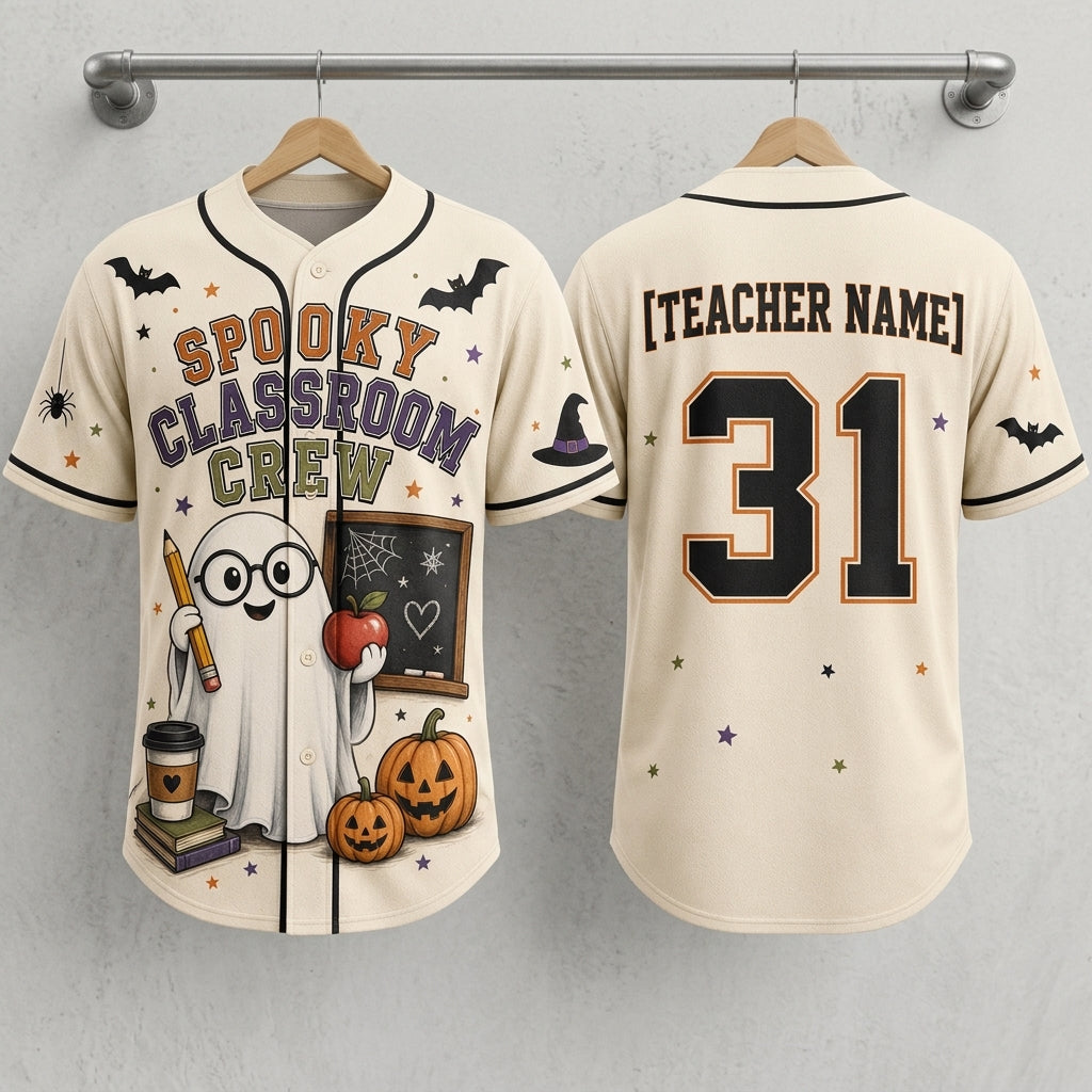 Personalized Spooky Classroom Crew Teacher Halloween Baseball Jersey - Custom Name Ghost Print Shirt