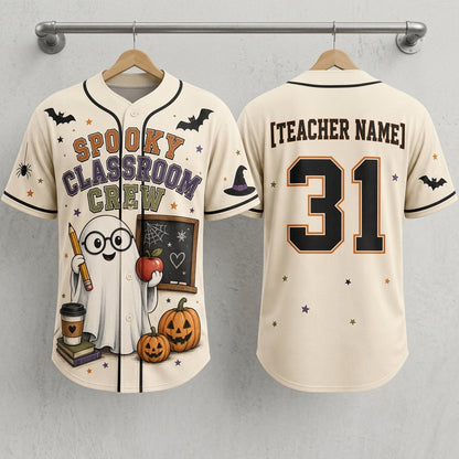Personalized Spooky Classroom Crew Teacher Halloween Baseball Jersey - Custom Name Ghost Print Shirt