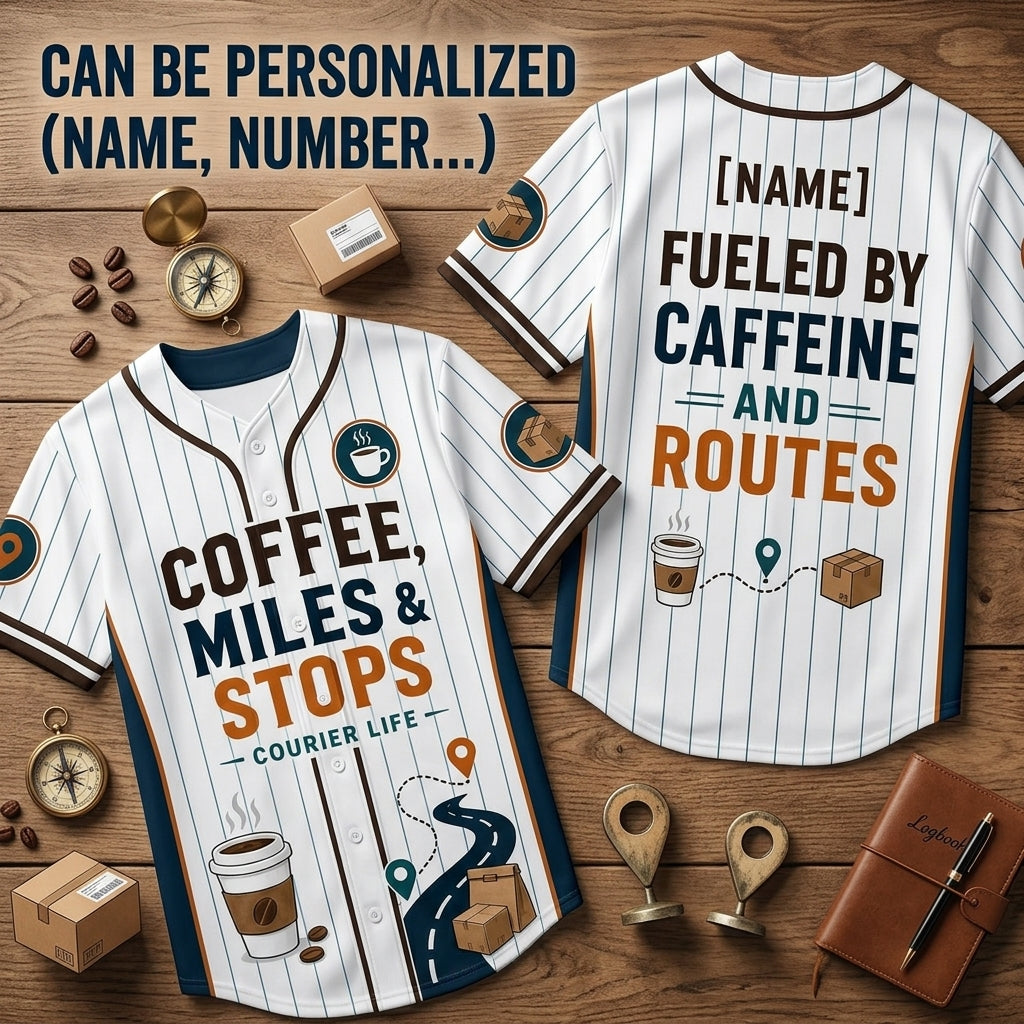 Personalized Courier Life Baseball Jersey - Custom Name Fueled by Caffeine and Routes Delivery Driver Gift