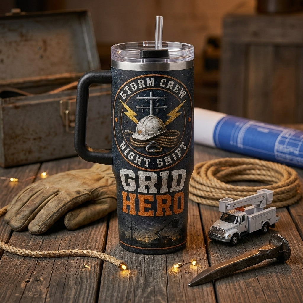 Personalized Lineman 40oz Tumbler with Handle - Storm Crew Grid Hero Gift for Utility Workers & Night Shift Crews product view 3