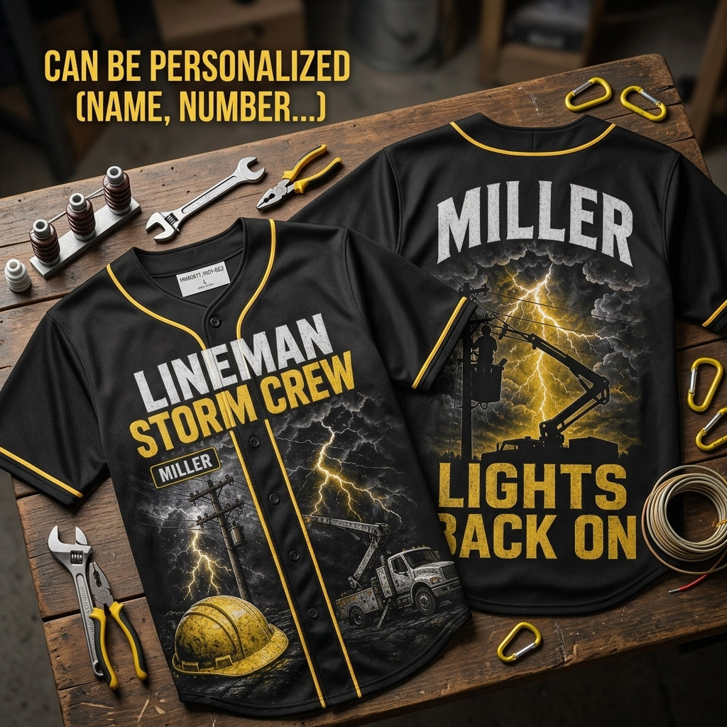 Personalized Lineman Storm Crew Baseball Jersey - Custom Name Utility Worker Lights Back On Apparel