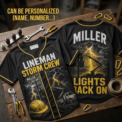 Personalized Lineman Storm Crew Baseball Jersey - Custom Name Utility Worker Lights Back On Apparel