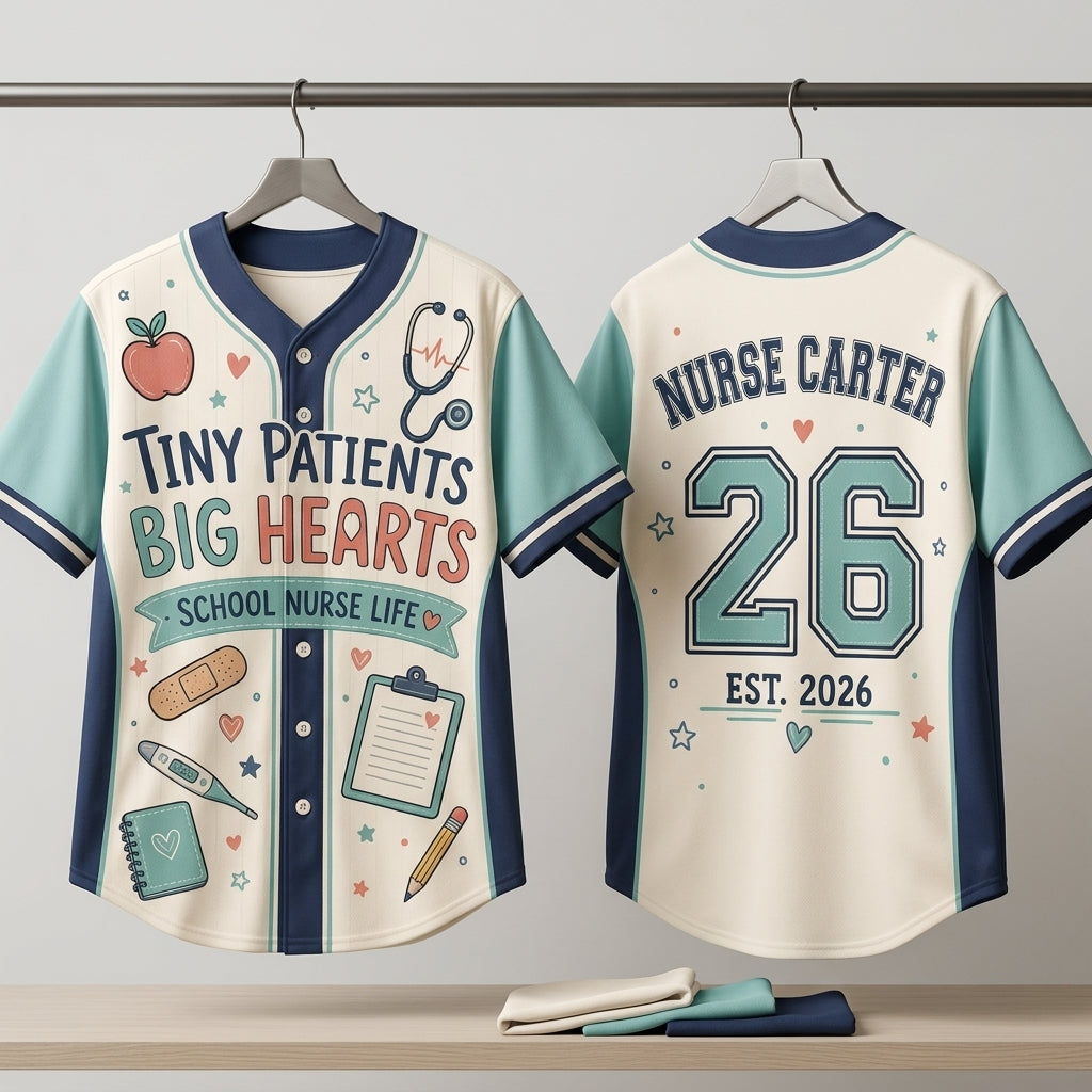 Personalized School Nurse Baseball Jersey - Custom Name & Number - Tiny Patients Big Hearts Pediatric Gift