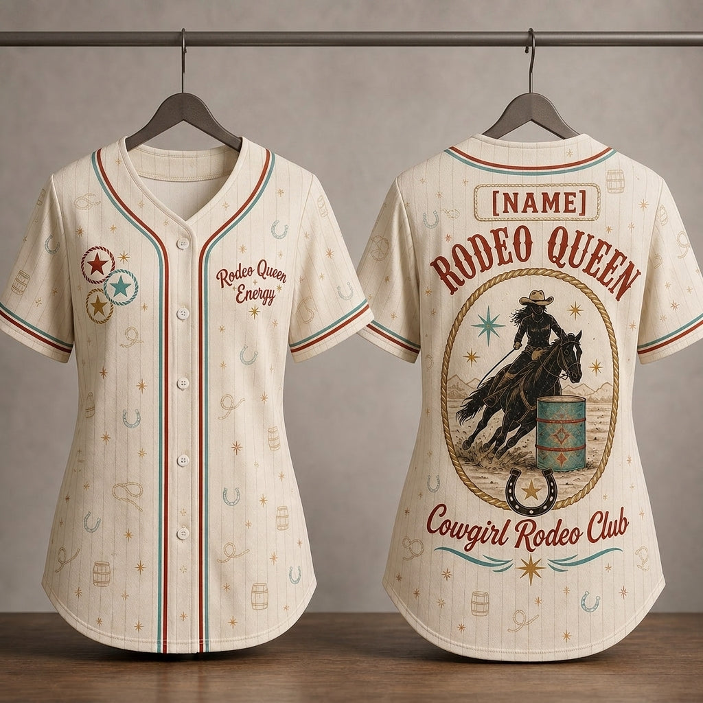 Personalized Rodeo Queen Energy Cowgirl Baseball Jersey - Custom Name Western Barrel Racing Shirt