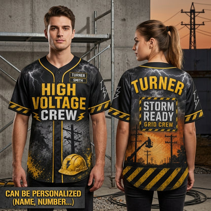 Personalized High Voltage Crew Baseball Jersey - Custom Name Lineman Gift - Storm Ready Grid Crew Athletic Shirt