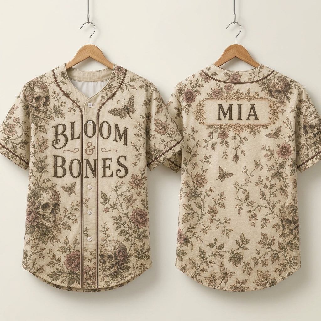 Personalized Bloom & Bones Vintage Gothic Skull and Floral Baseball Jersey - Custom Name Aesthetic Sportswear