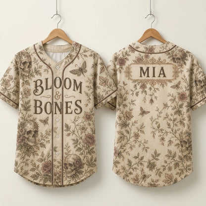 Personalized Bloom & Bones Vintage Gothic Skull and Floral Baseball Jersey - Custom Name Aesthetic Sportswear