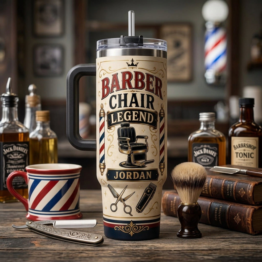 Personalized Barber Chair Legend 40oz Tumbler with Handle - Custom Name Barbershop Gift