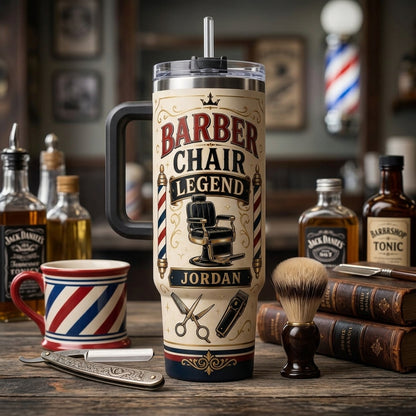 Personalized Barber Chair Legend 40oz Tumbler with Handle - Custom Name Barbershop Gift