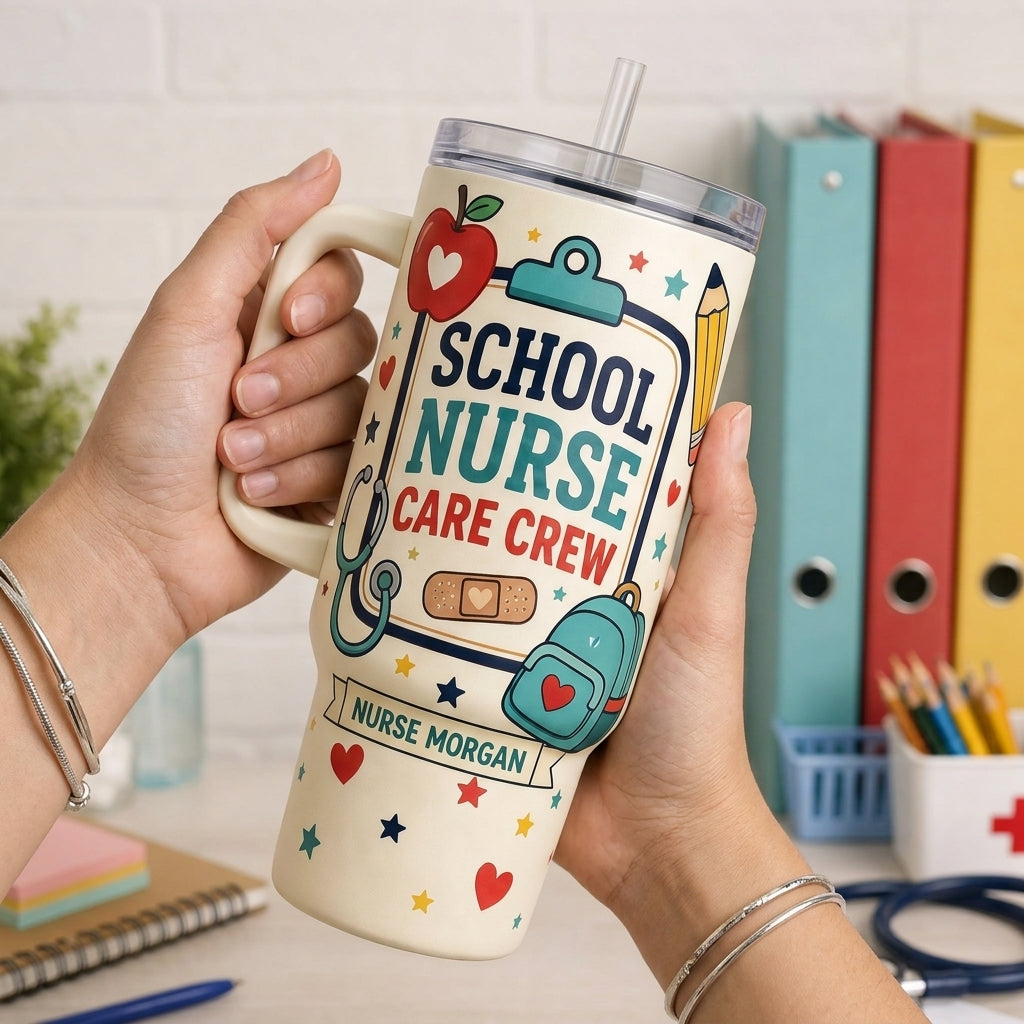 Personalized School Nurse Care Crew 40oz Tumbler with Handle - Custom Name Keeping Tiny Humans Healthy Mug