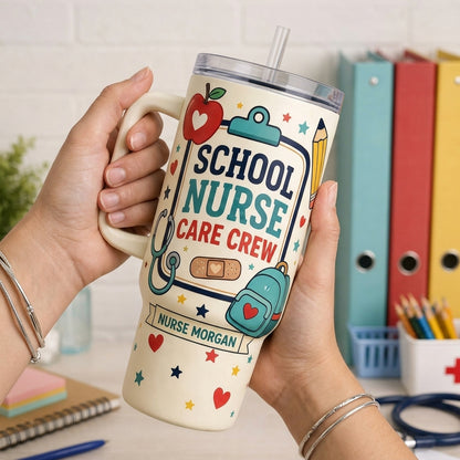 Personalized School Nurse Care Crew 40oz Tumbler with Handle - Custom Name Keeping Tiny Humans Healthy Mug