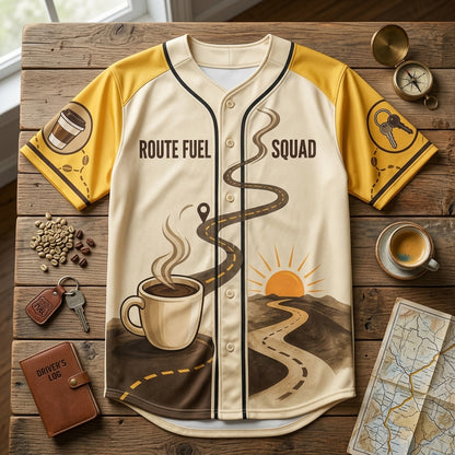 Personalized Route Fuel Squad Baseball Jersey - Custom Name & Number Morning Route Crew Coffee Shirt