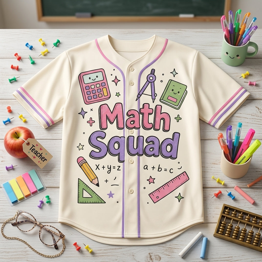 Personalized Math Squad Baseball Jersey - Custom Name Cute Math Crew Teacher Gift - Pastel Academic Theme Sporty Academic Jersey