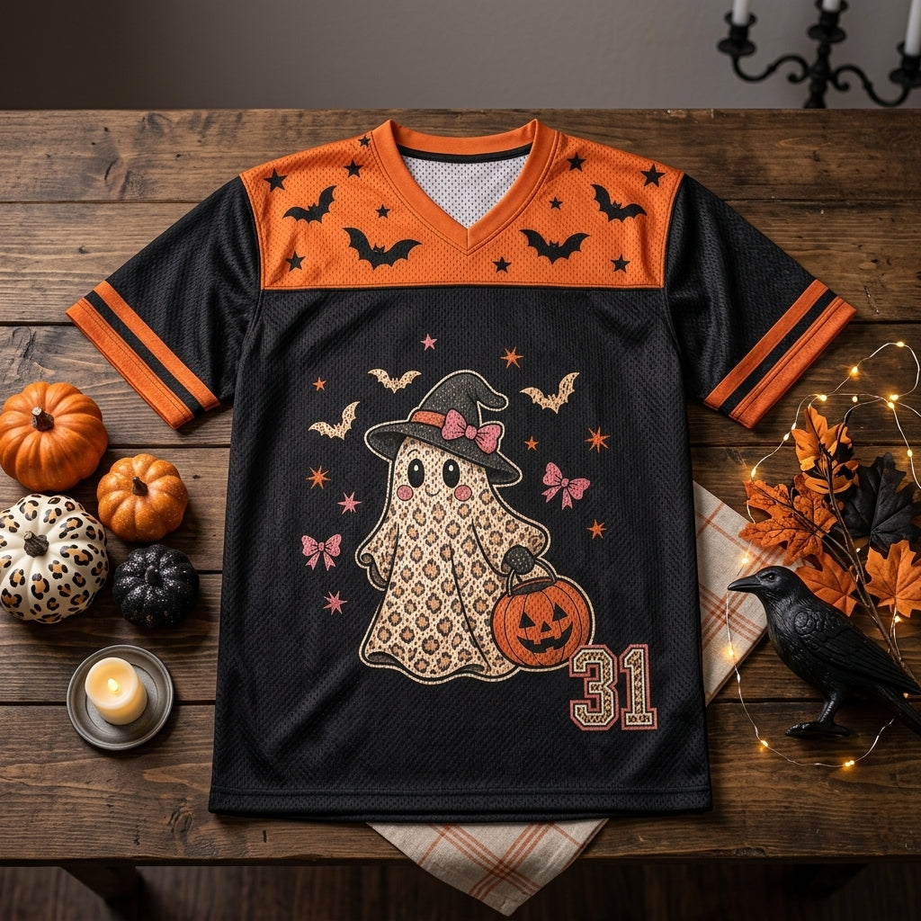 Personalized Halloween Ghost Leopard Print Football Jersey - Custom Name Spooky Mesh Sport Shirt