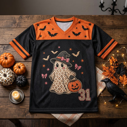 Personalized Halloween Ghost Leopard Print Football Jersey - Custom Name Spooky Mesh Sport Shirt