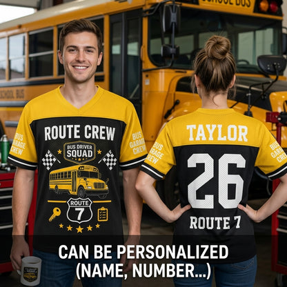 Personalized Bus Driver Squad Football Jersey - Custom Name and Route Number School Bus Crew Apparel