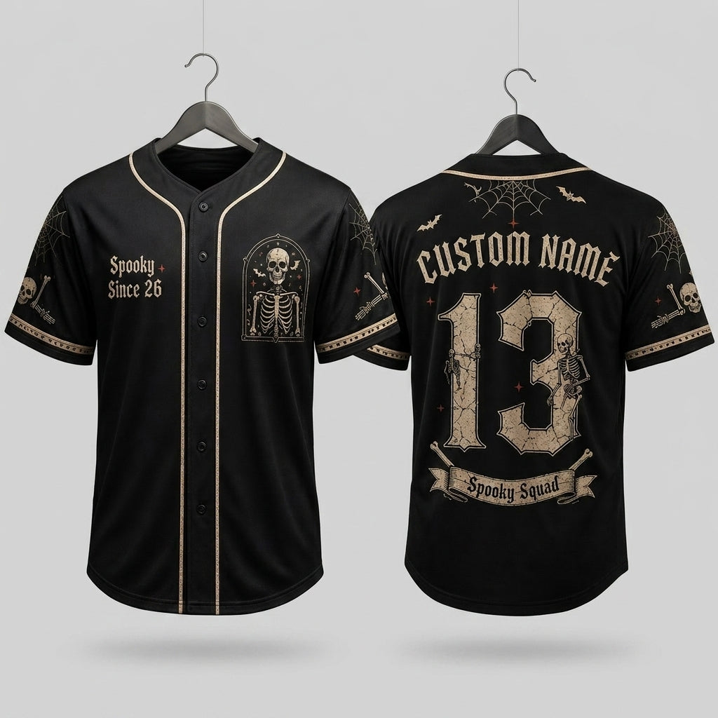 Personalized Spooky Skeleton Halloween Baseball Jersey - Custom Name and Number Goth Spirit Squad Athletic Shirt