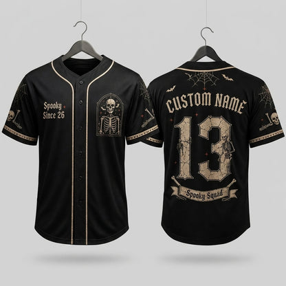 Personalized Spooky Skeleton Halloween Baseball Jersey - Custom Name and Number Goth Spirit Squad Athletic Shirt