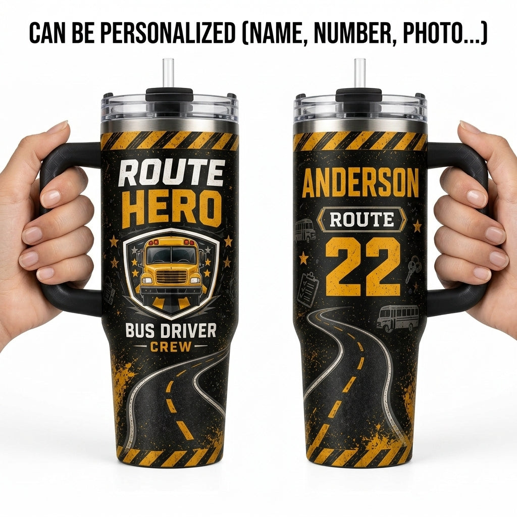 Personalized Route Hero Bus Driver 40oz Tumbler with Handle - Custom Name & Route Number Gift