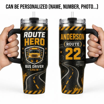 Personalized Route Hero Bus Driver 40oz Tumbler with Handle - Custom Name & Route Number Gift